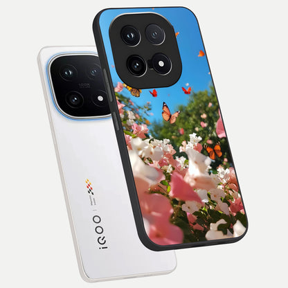  Butterflies In Bloom Sky phone case for iQOO 15 showing premium glass back cover with detailed artwork