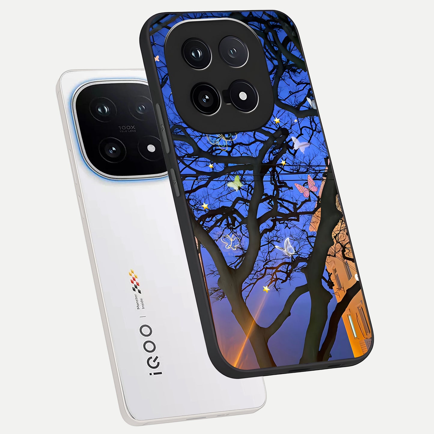  Butterfly Night Magic phone case for iQOO 15 showing premium glass back cover with detailed artwork