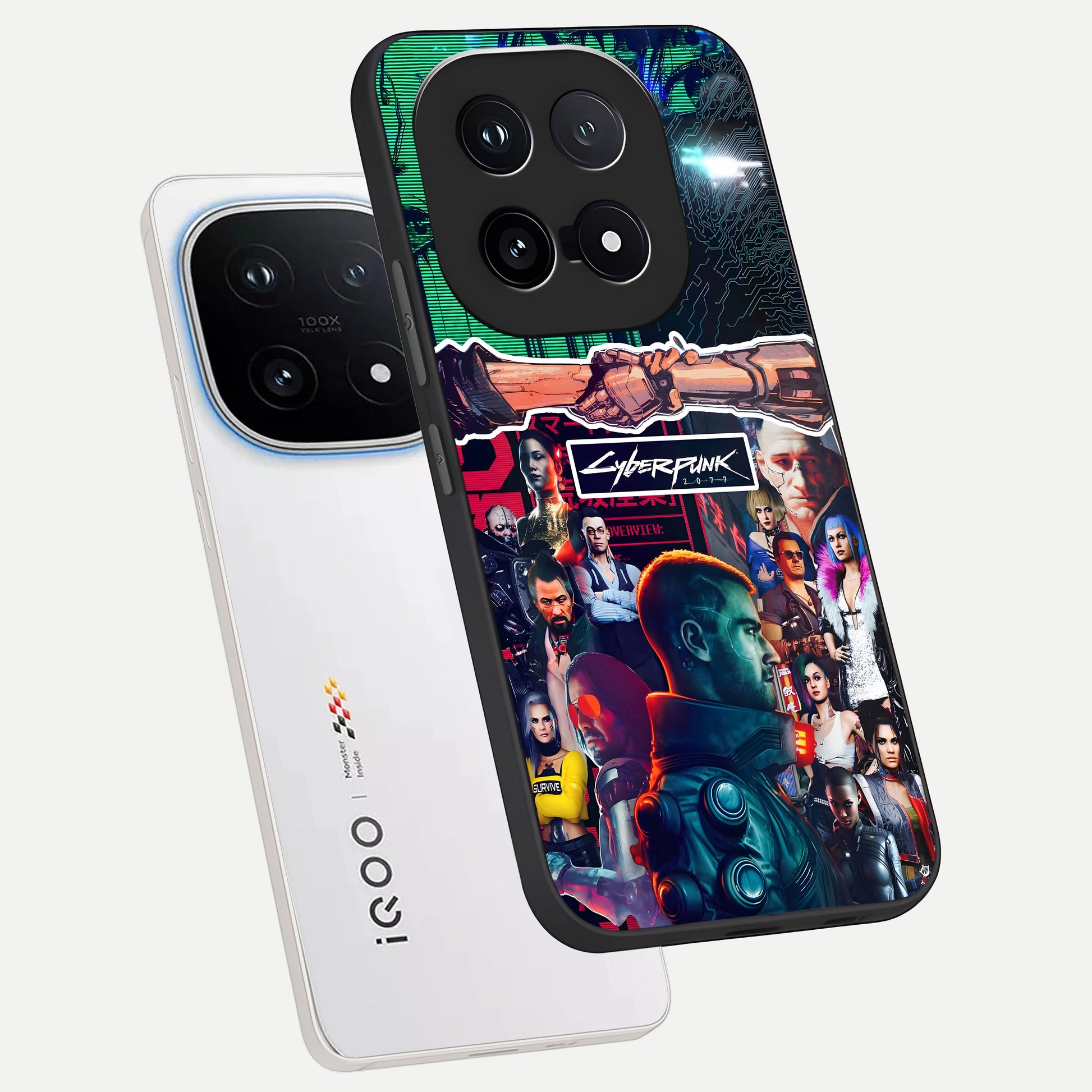  CYBERPUNK Legacy phone case for iQOO 15 showing premium glass back cover with detailed artwork