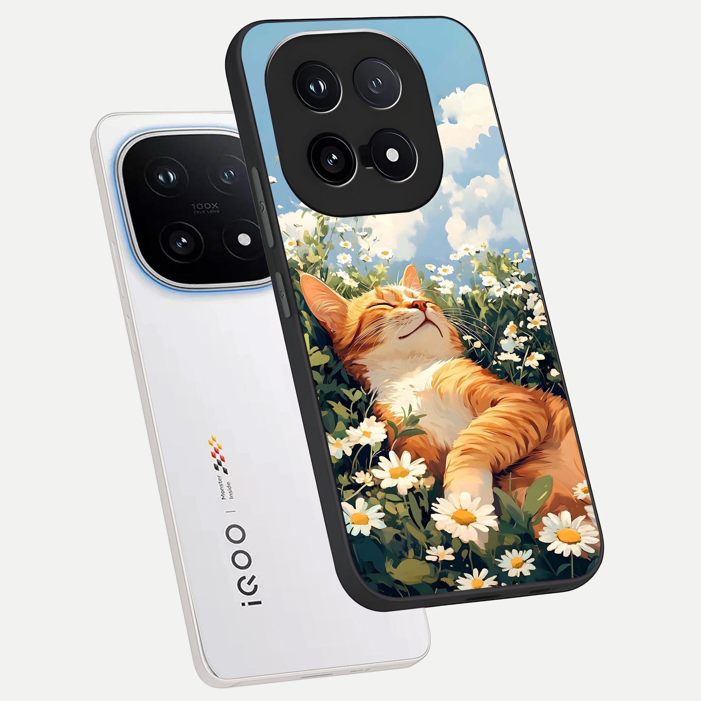  Cat And Flowers View phone case for iQOO 15 showing premium glass back cover with detailed artwork