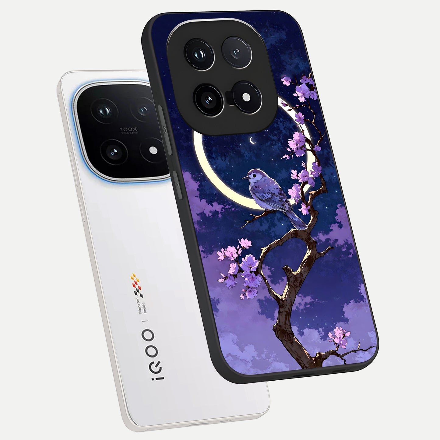  Celestial Bird Blossom phone case for iQOO 15 showing premium glass back cover with detailed artwork