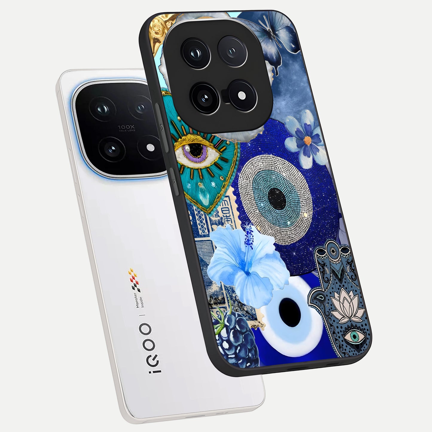  Celestial Blue Vision phone case for iQOO 15 showing premium glass back cover with detailed artwork