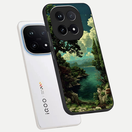  Celestial Lake Peace phone case for iQOO 15 showing premium glass back cover with detailed artwork
