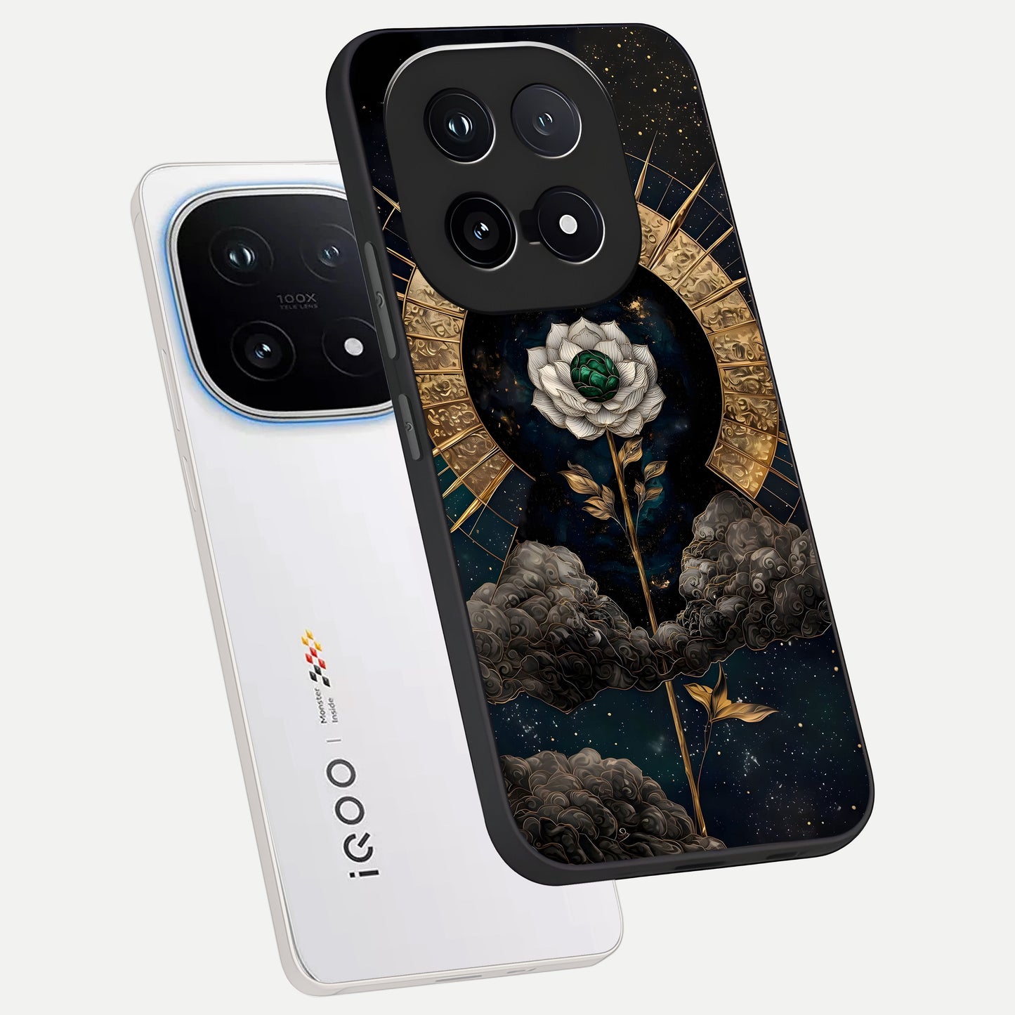  Celestial Lotus Morang phone case for iQOO 15 showing premium glass back cover with detailed artwork
