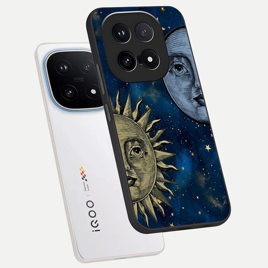  Celestial Moon With Sun phone case for iQOO 15 showing premium glass back cover with detailed artwork