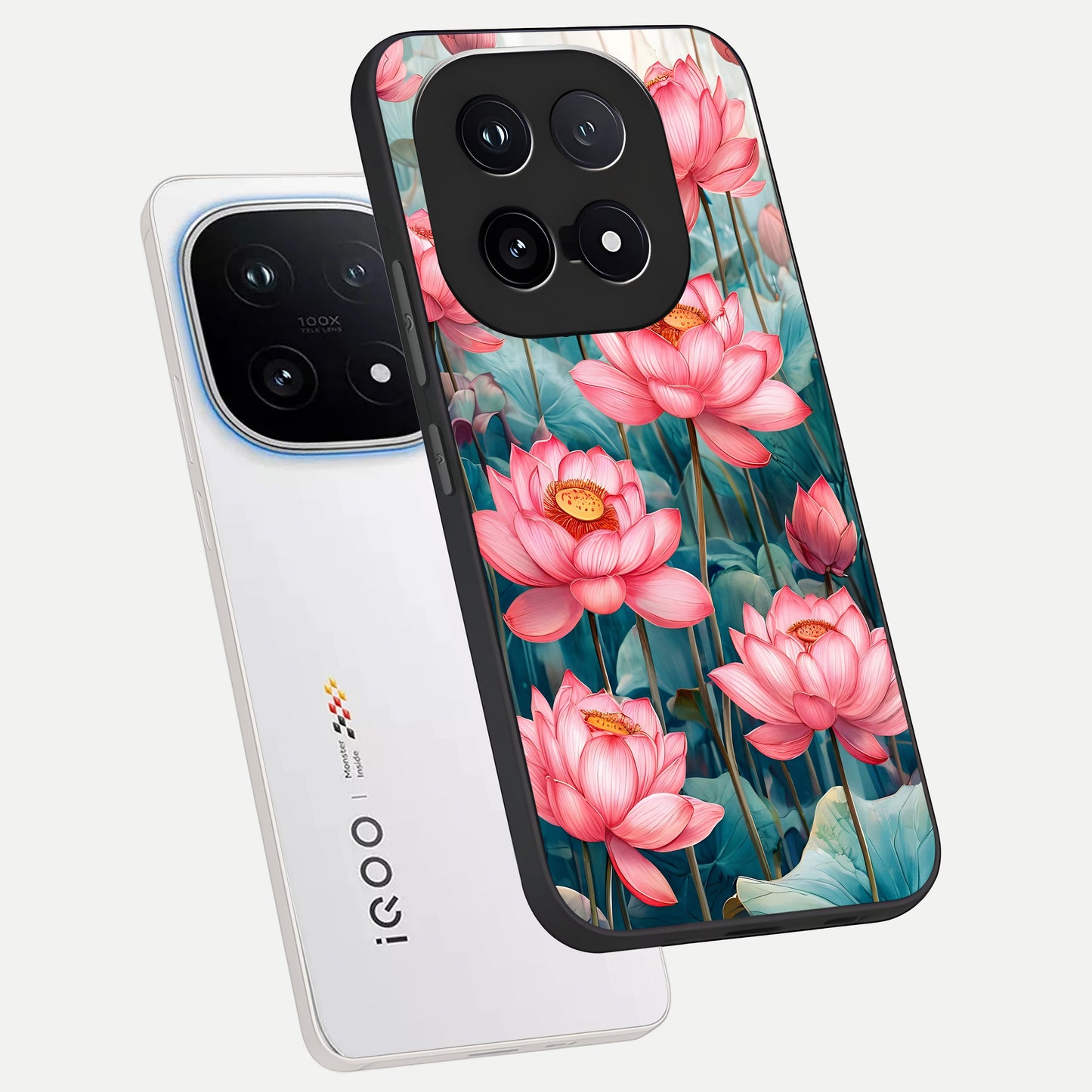  Celestial Pink Lotus phone case for iQOO 15 showing premium glass back cover with detailed artwork