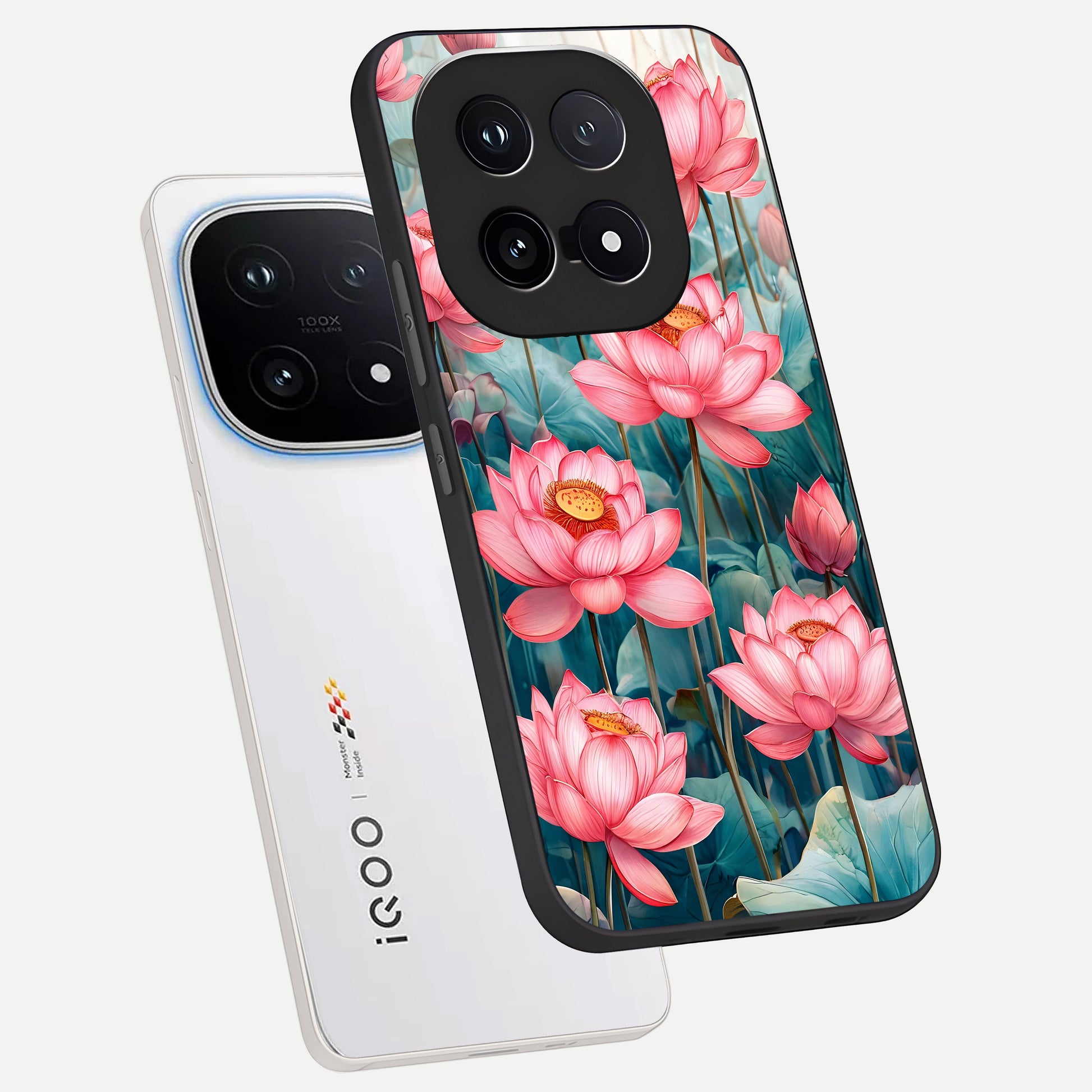  Celestial Pink Lotus phone case for iQOO 15 showing premium glass back cover with detailed artwork