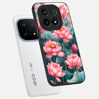  Celestial Pink Lotus phone case for iQOO 15 showing premium glass back cover with detailed artwork