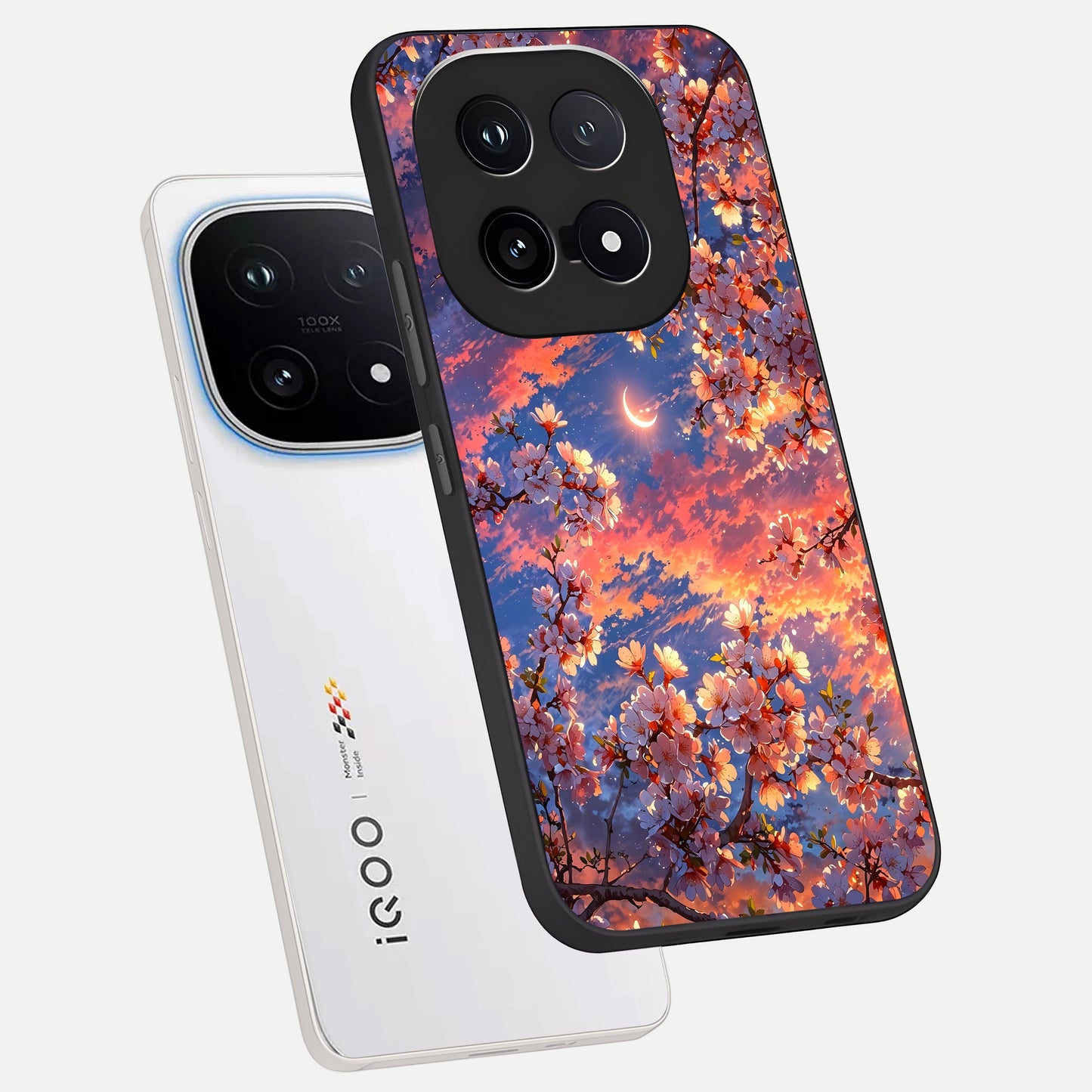  Celestial Sakura Sunset phone case for iQOO 15 showing premium glass back cover with detailed artwork
