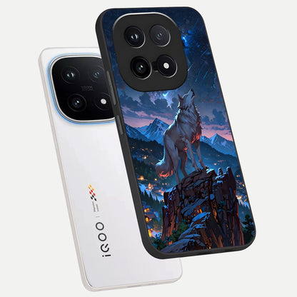  Celestial Wolf Howl phone case for iQOO 15 showing premium glass back cover with detailed artwork