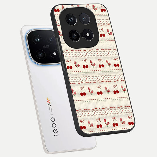 Cherry Bloom Charm phone case for iQOO 15 showing premium glass back cover with detailed artwork