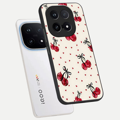  Cherry Heart Bow phone case for iQOO 15 showing premium glass back cover with detailed artwork