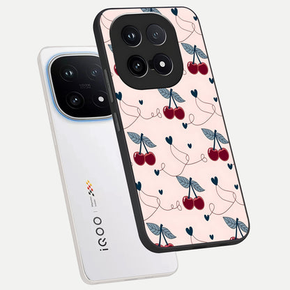  Cherry Heart Line phone case for iQOO 15 showing premium glass back cover with detailed artwork