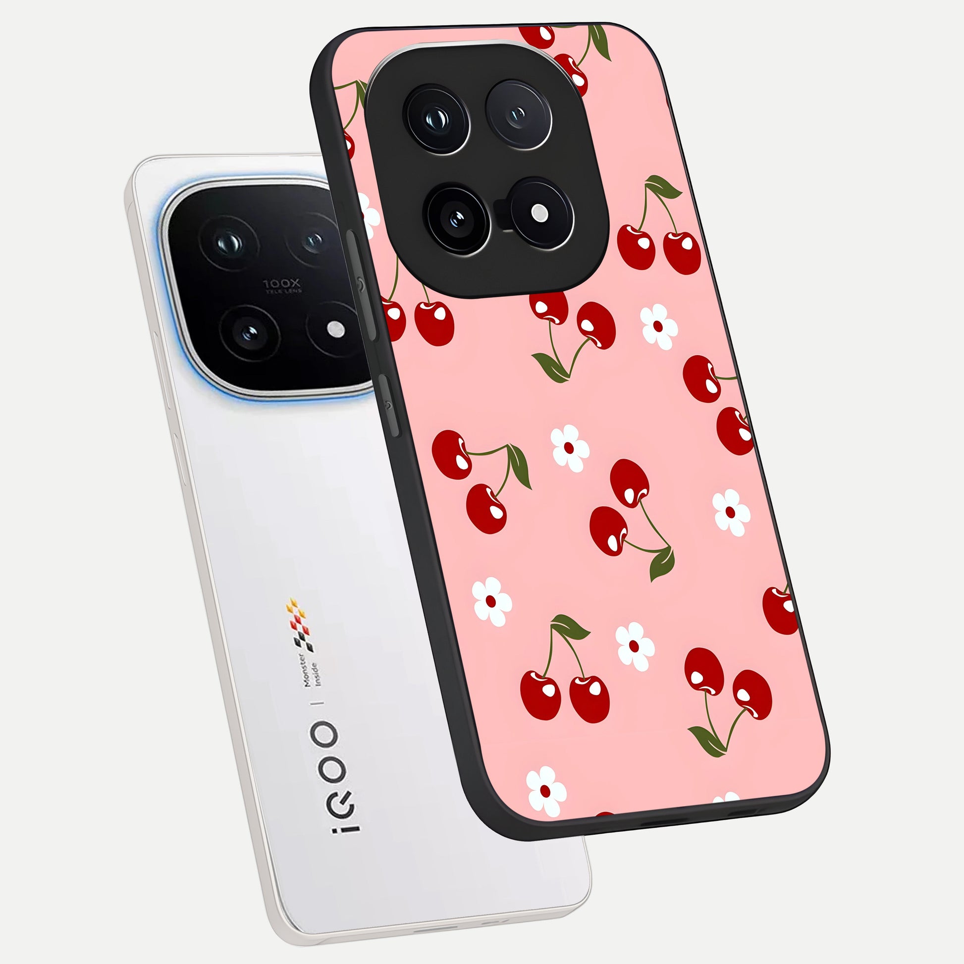  Cherry Love Mood phone case for iQOO 15 showing premium glass back cover with detailed artwork