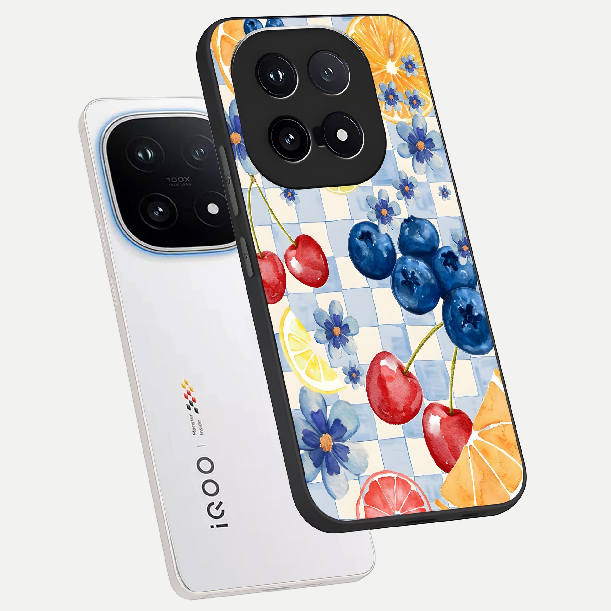  Citrus Bloom Joy phone case for iQOO 15 showing premium glass back cover with detailed artwork