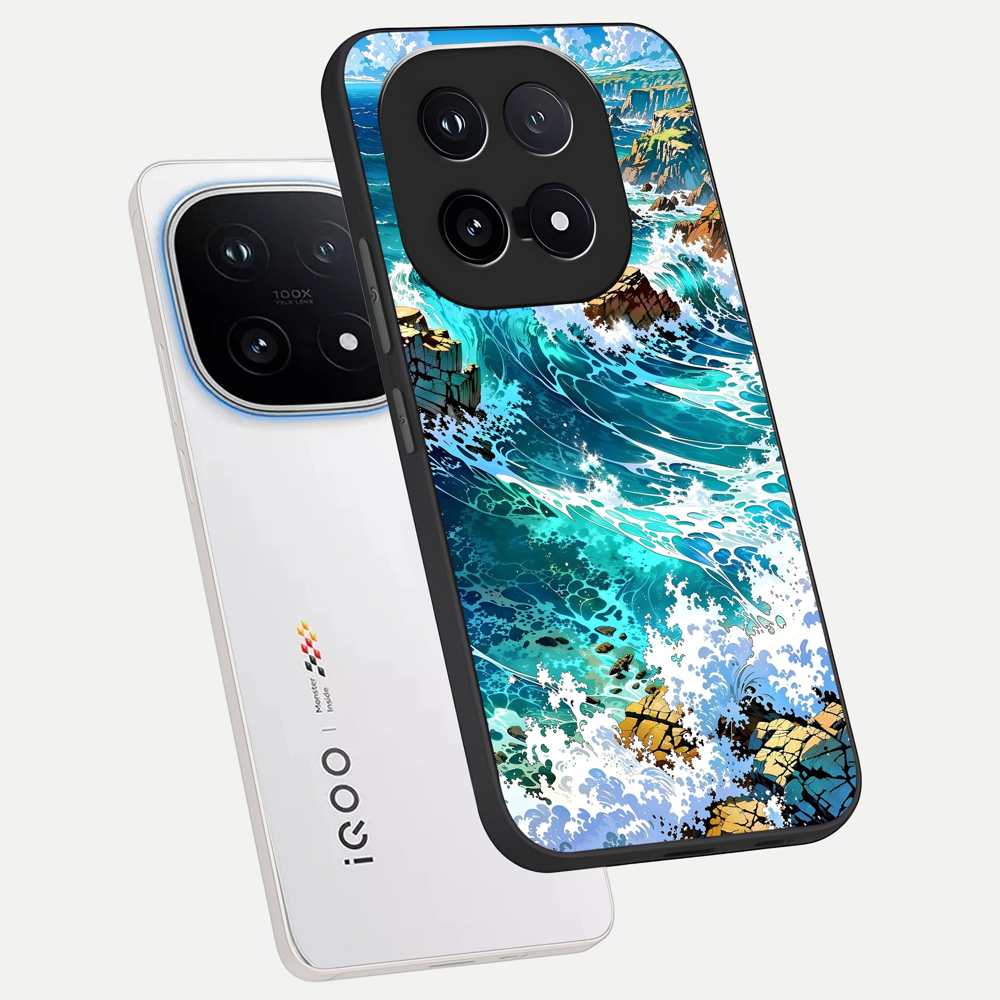  Coastal Blue Waves phone case for iQOO 15 showing premium glass back cover with detailed artwork