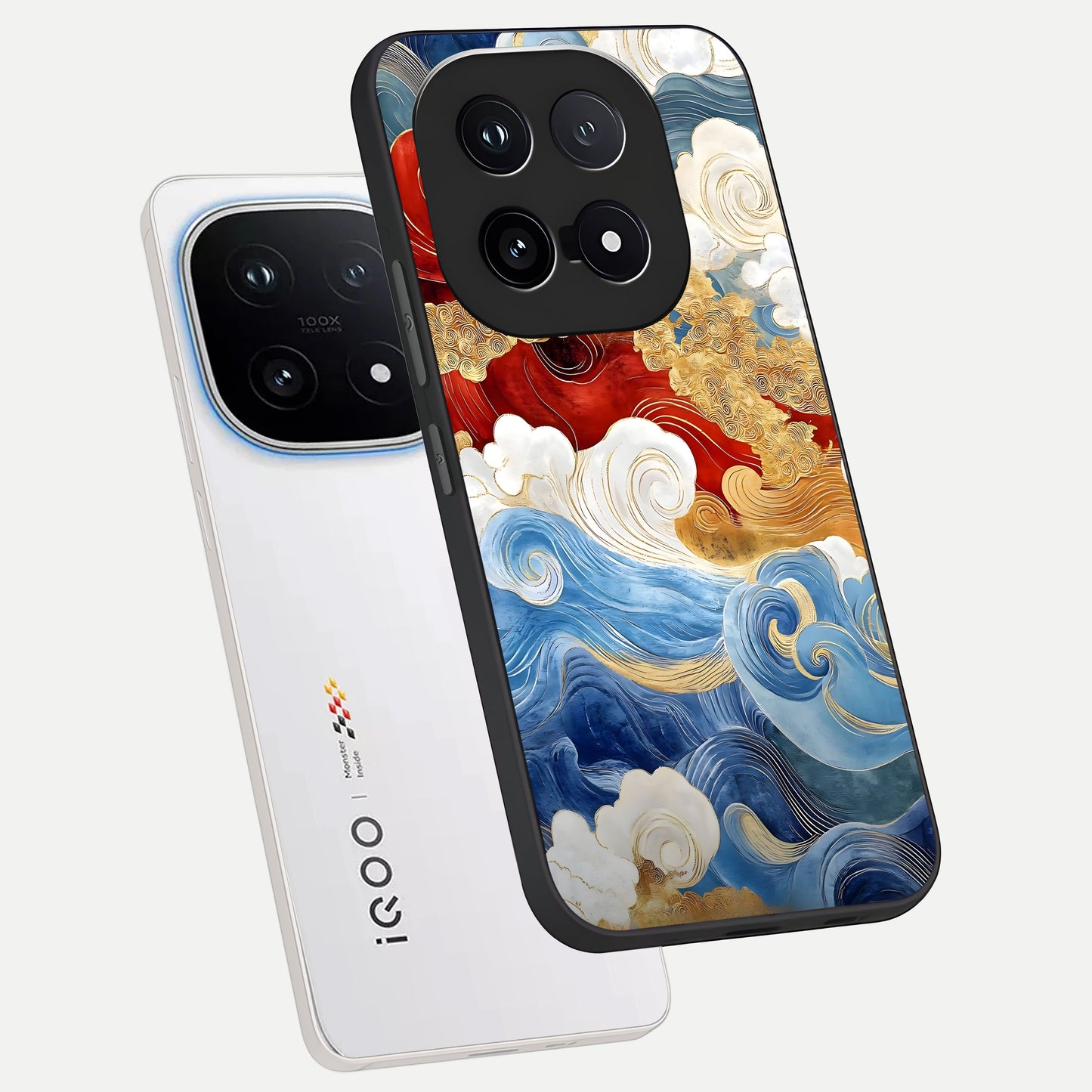  Colored Waves phone case for iQOO 15 showing premium glass back cover with detailed artwork