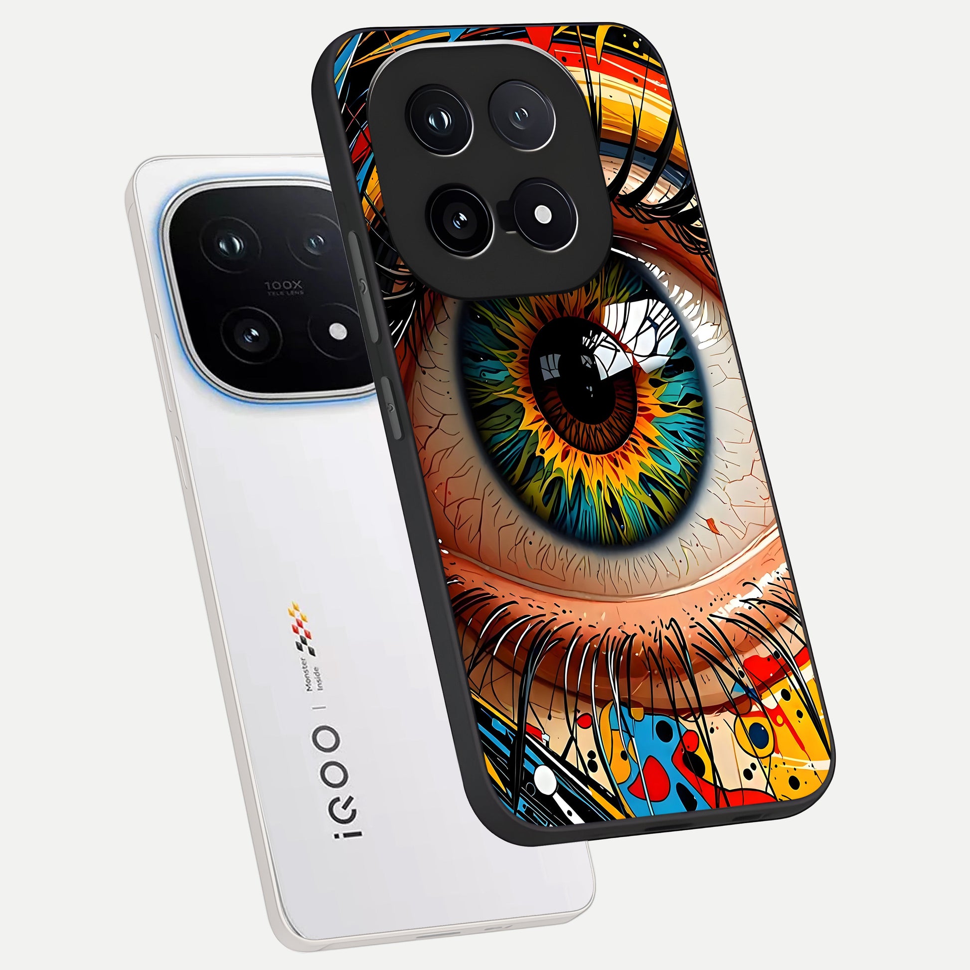  Colorful Eye phone case for iQOO 15 showing premium glass back cover with detailed artwork