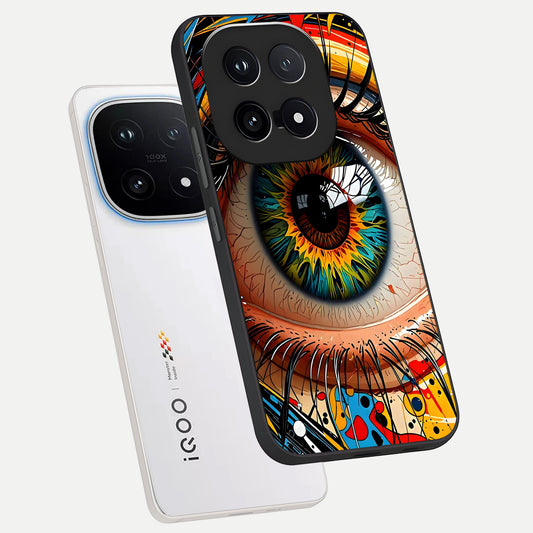  Colorful Eye phone case for iQOO 15 showing premium glass back cover with detailed artwork