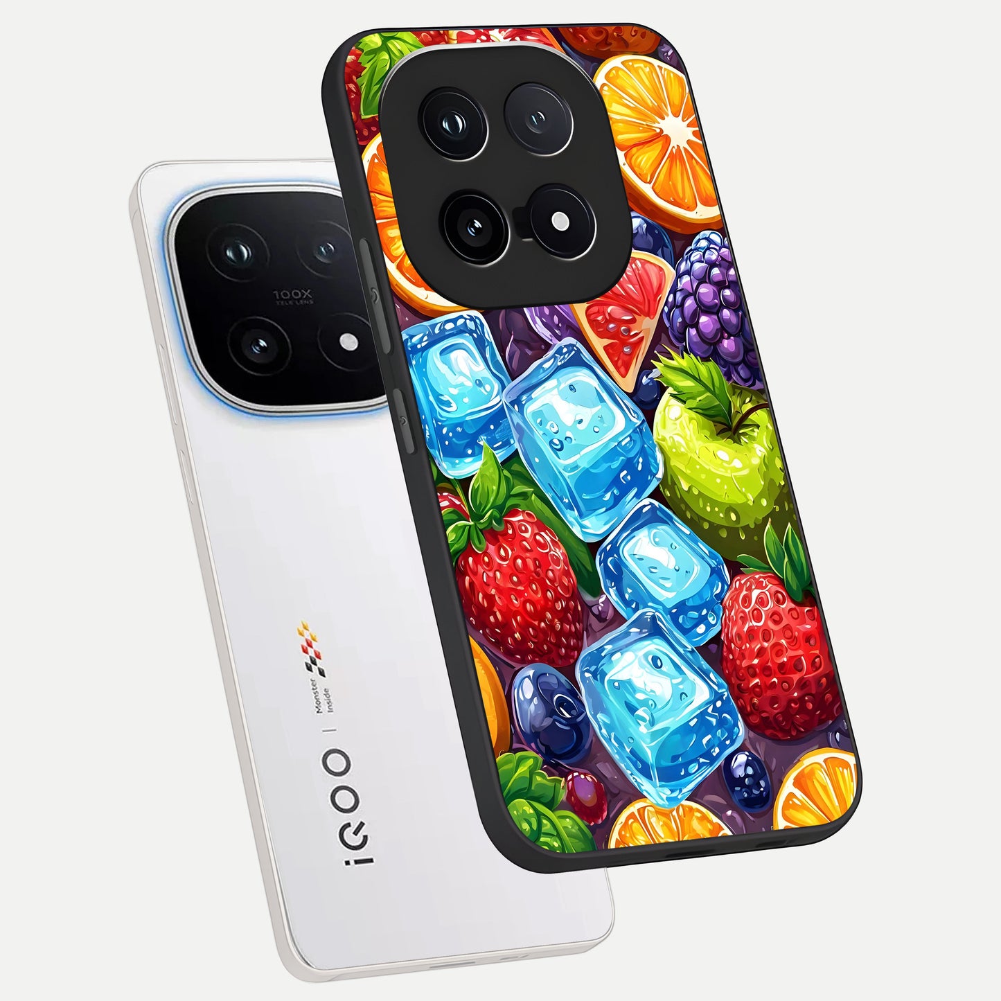  Colorful Fruits with Ice phone case for iQOO 15 showing premium glass back cover with detailed artwork