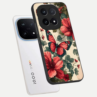  Crimson Butterfly Garden phone case for iQOO 15 showing premium glass back cover with detailed artwork