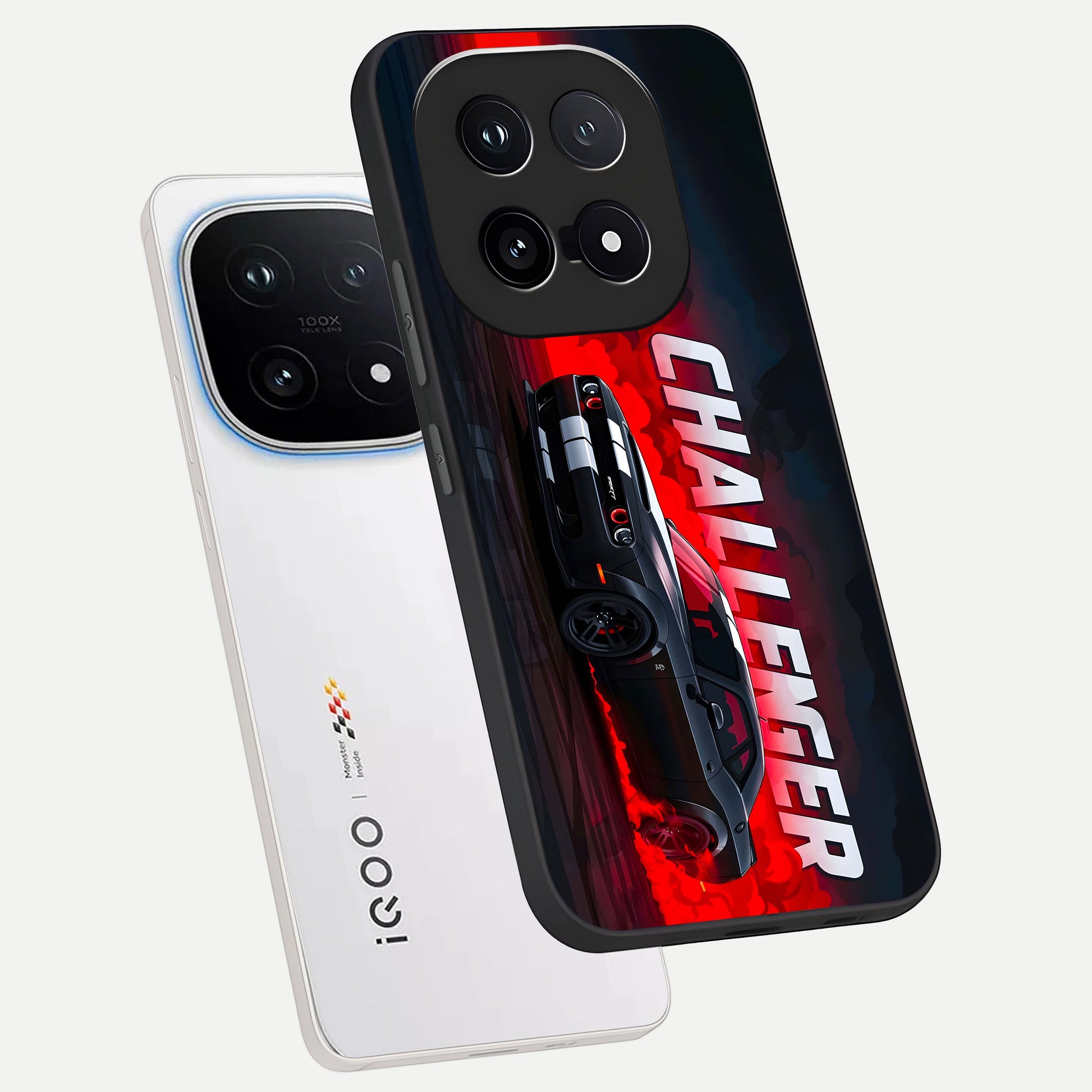  Crimson Challenger Fury phone case for iQOO 15 showing premium glass back cover with detailed artwork