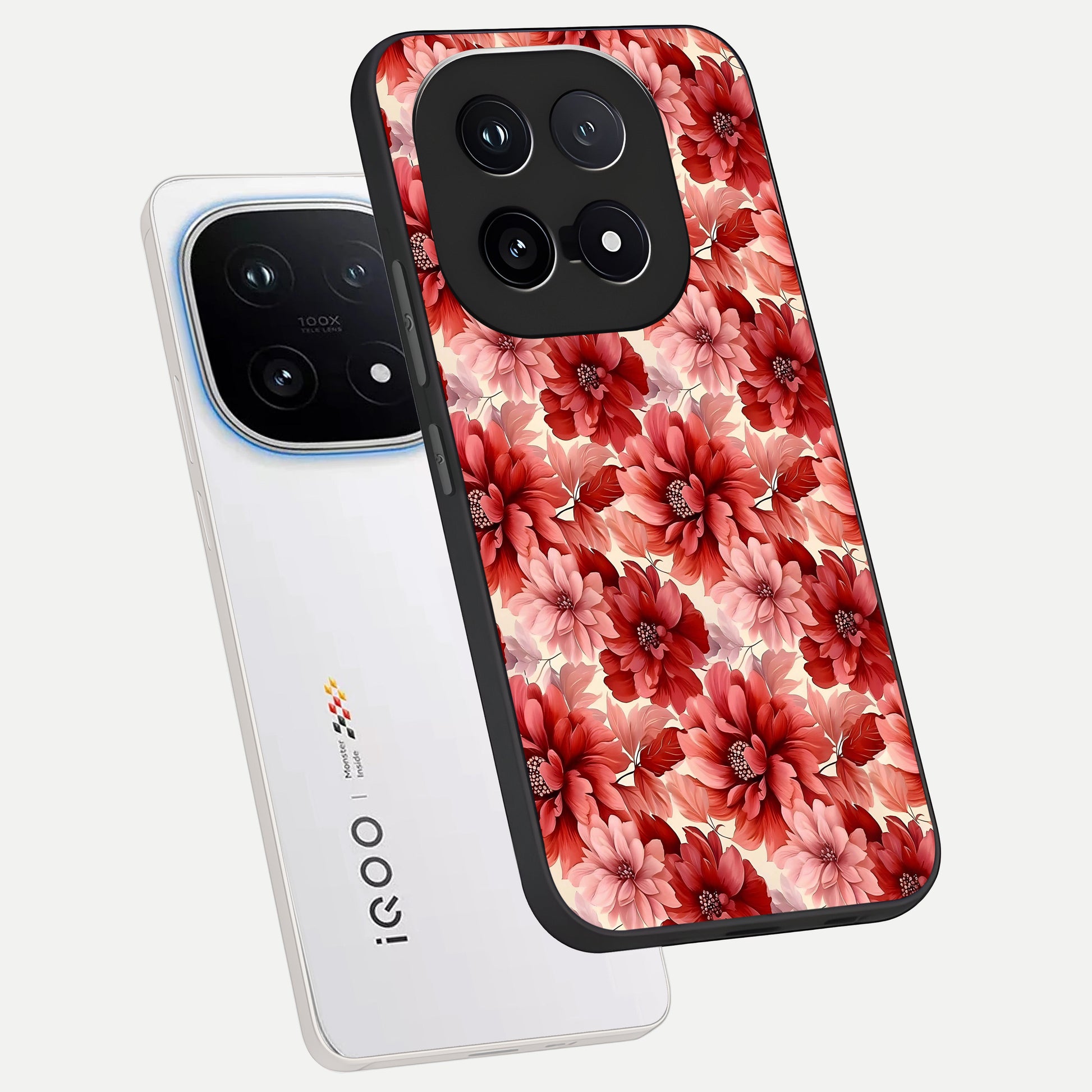  Crimson Love Petals phone case for iQOO 15 showing premium glass back cover with detailed artwork