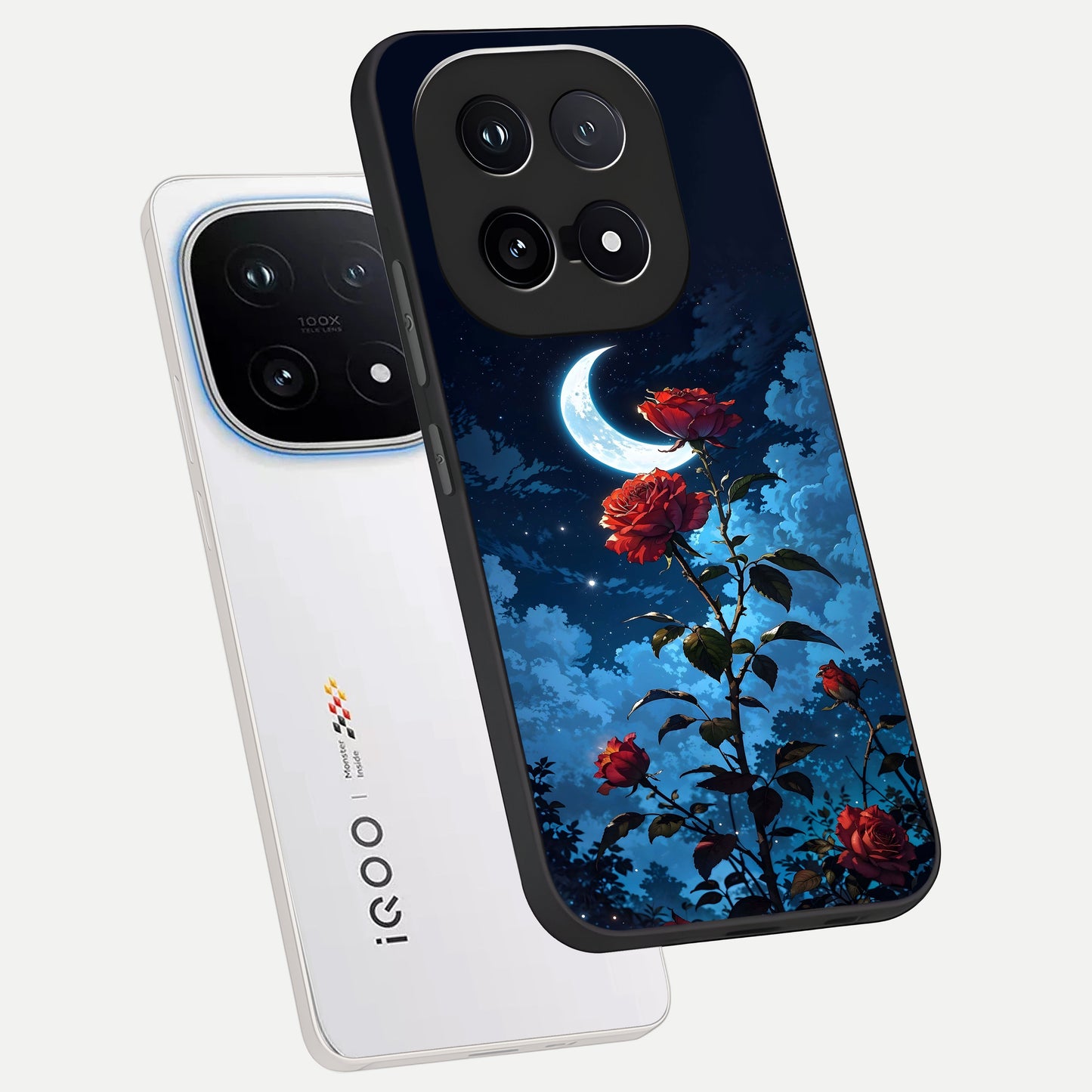  Crimson Rose Moon phone case for iQOO 15 showing premium glass back cover with detailed artwork