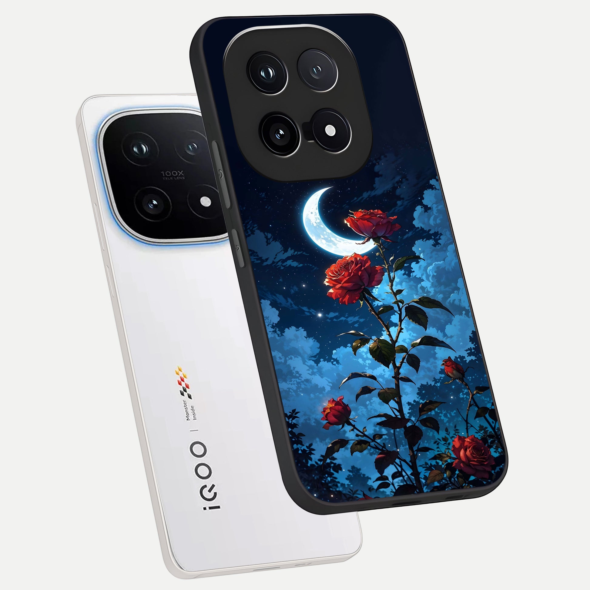  Crimson Rose Moon phone case for iQOO 15 showing premium glass back cover with detailed artwork
