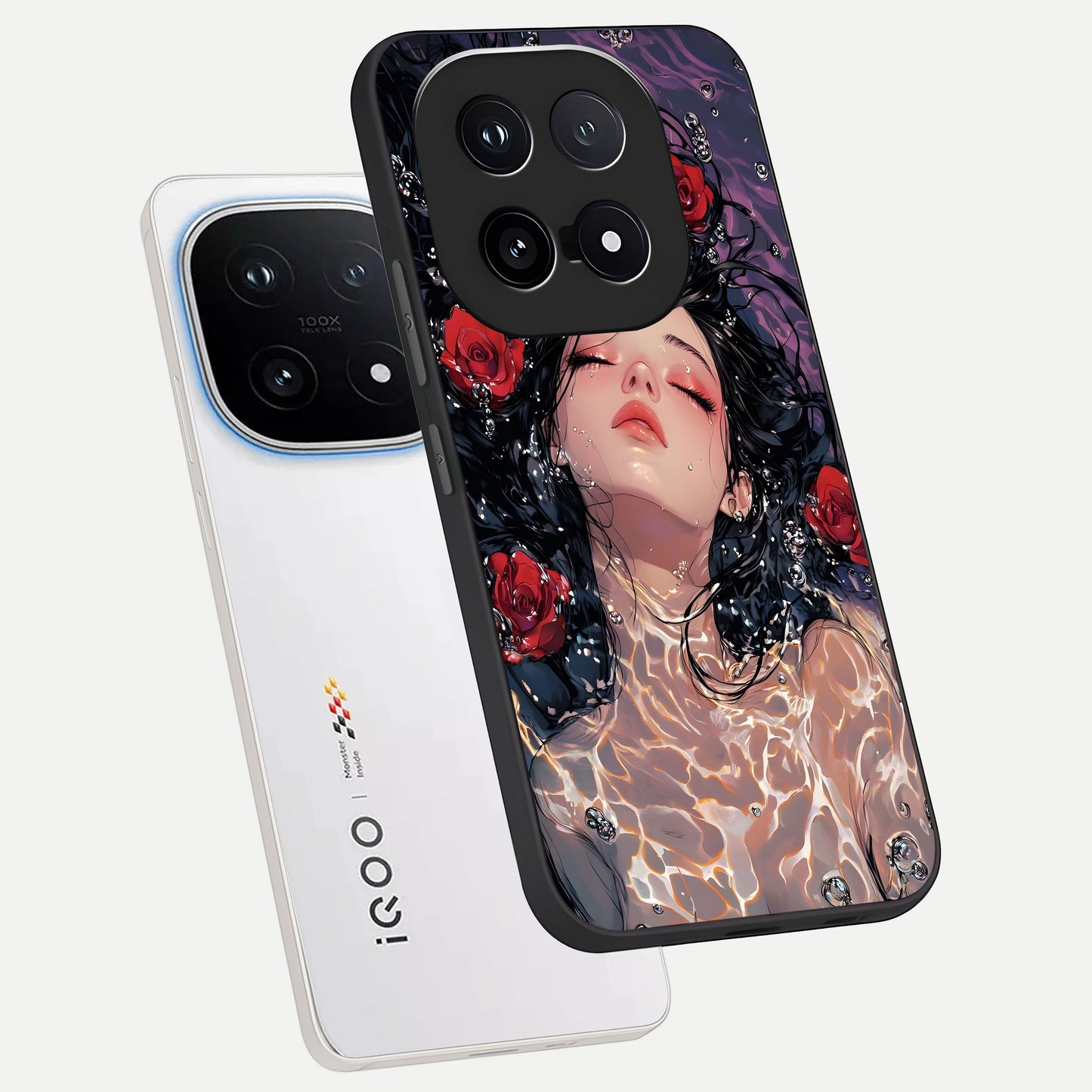  Crimson Rose Serenity phone case for iQOO 15 showing premium glass back cover with detailed artwork