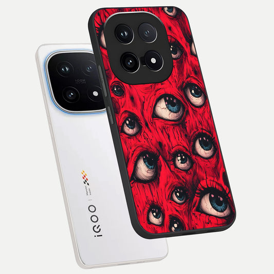  Crimson Watch Eyes phone case for iQOO 15 showing premium glass back cover with detailed artwork