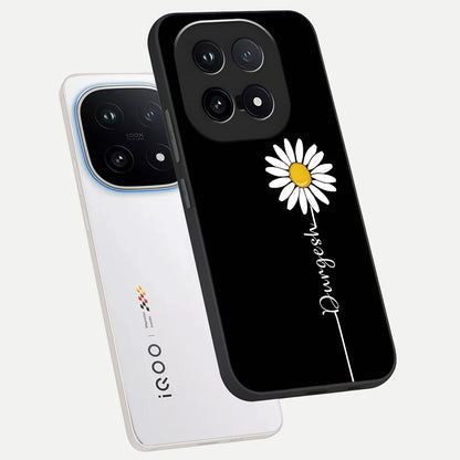  Custom Name White Flower phone case for iQOO 15 showing premium glass back cover with detailed artwork