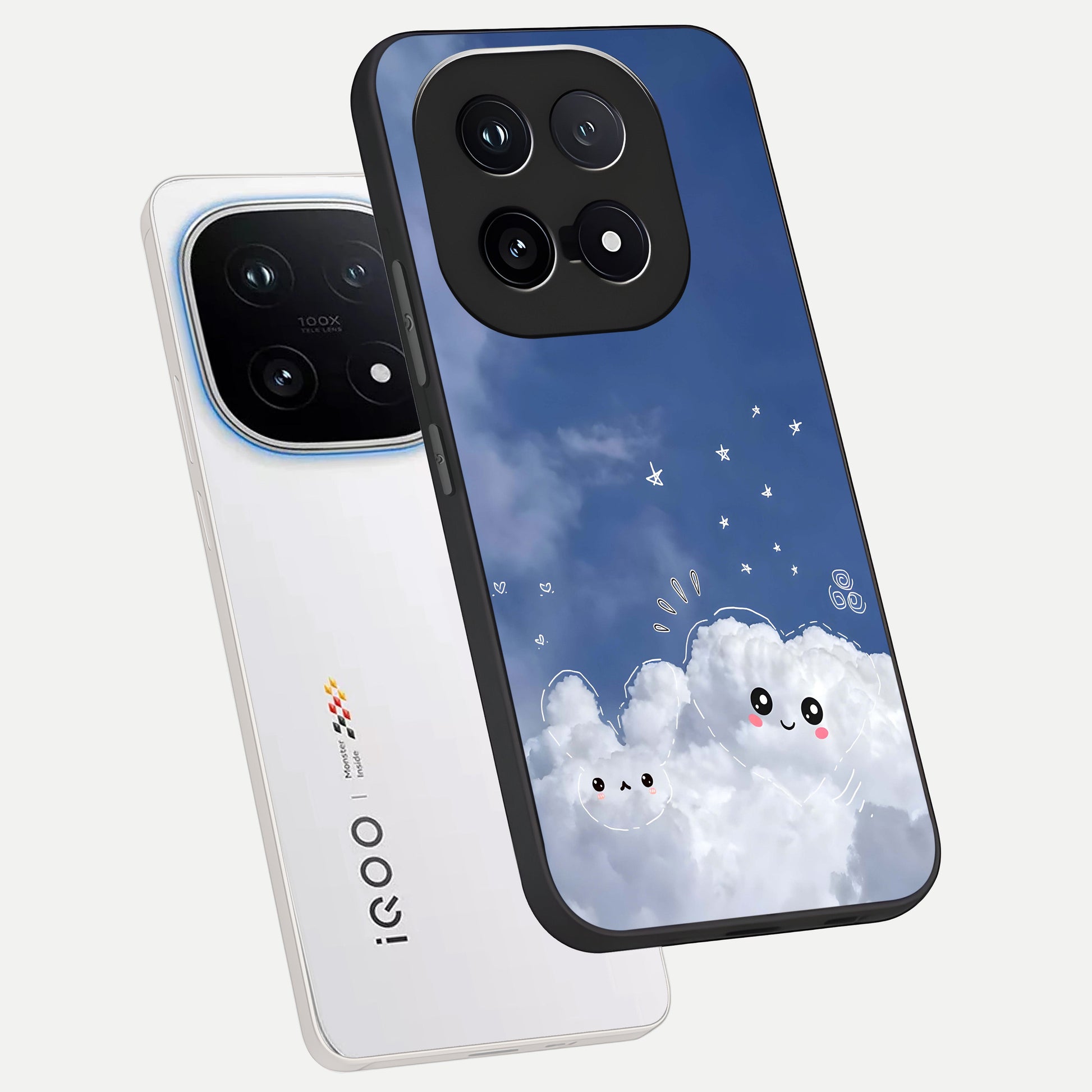  Cute Blossom Cloud phone case for iQOO 15 showing premium glass back cover with detailed artwork