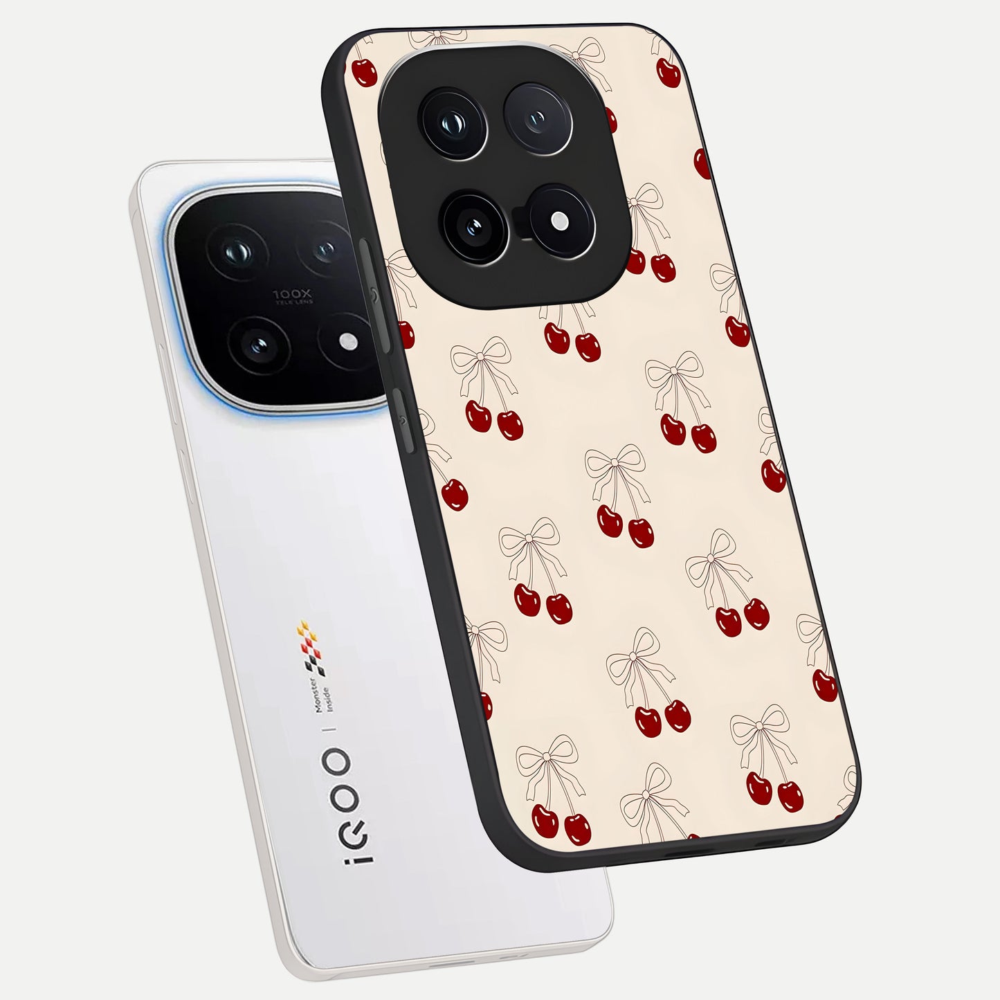  Cute Cherry Pattern phone case for iQOO 15 showing premium glass back cover with detailed artwork