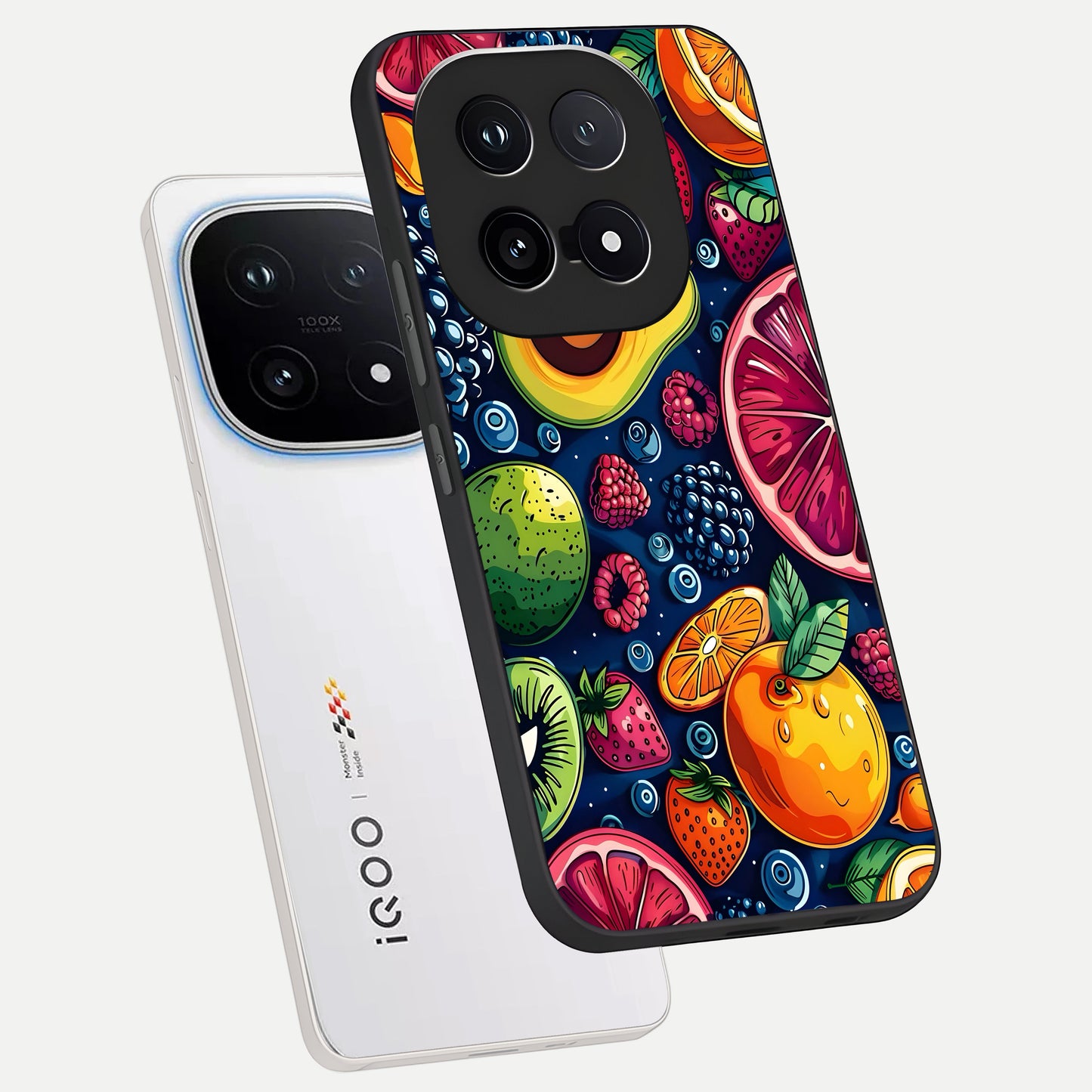  Cute Fruits Art phone case for iQOO 15 showing premium glass back cover with detailed artwork