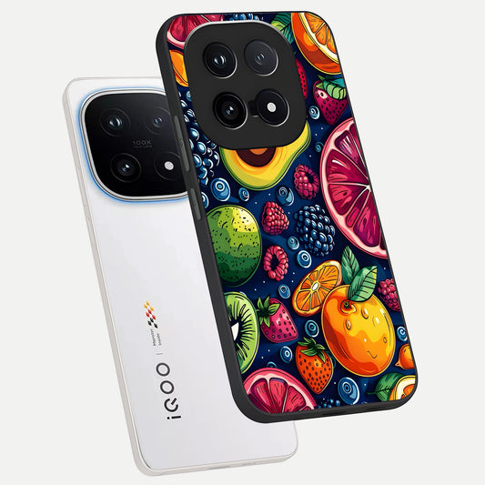  Cute Fruits Art phone case for iQOO 15 showing premium glass back cover with detailed artwork