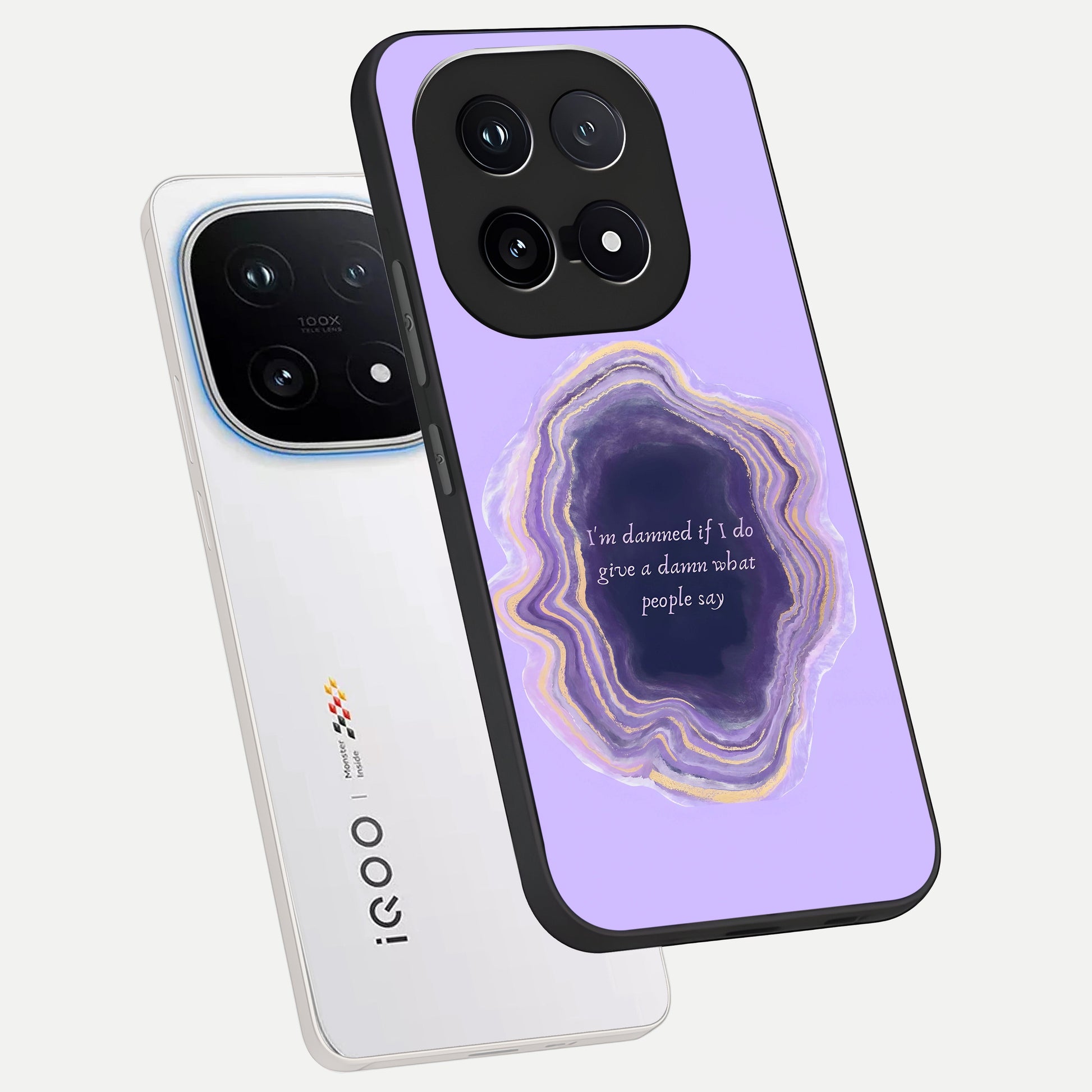  Damned People Quote phone case for iQOO 15 showing premium glass back cover with detailed artwork