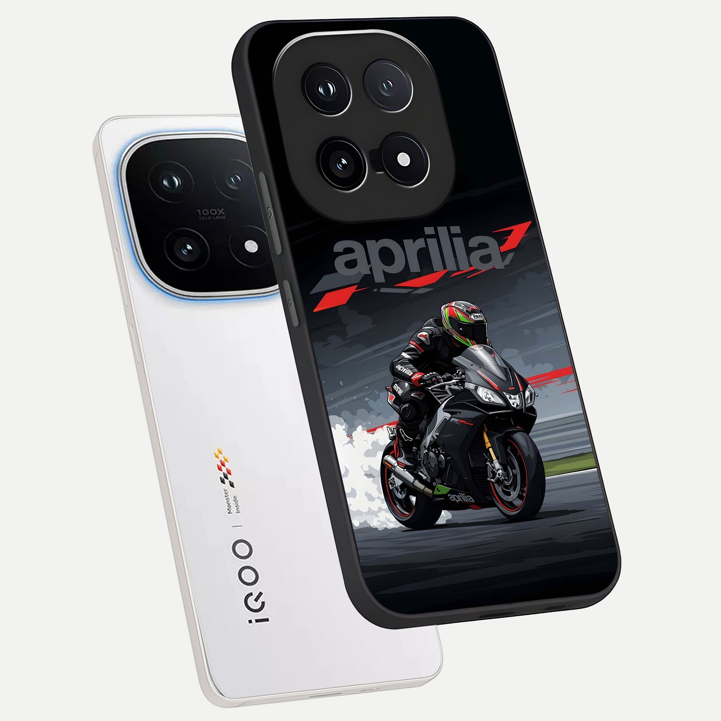  Dark Aprilla phone case for iQOO 15 showing premium glass back cover with detailed artwork