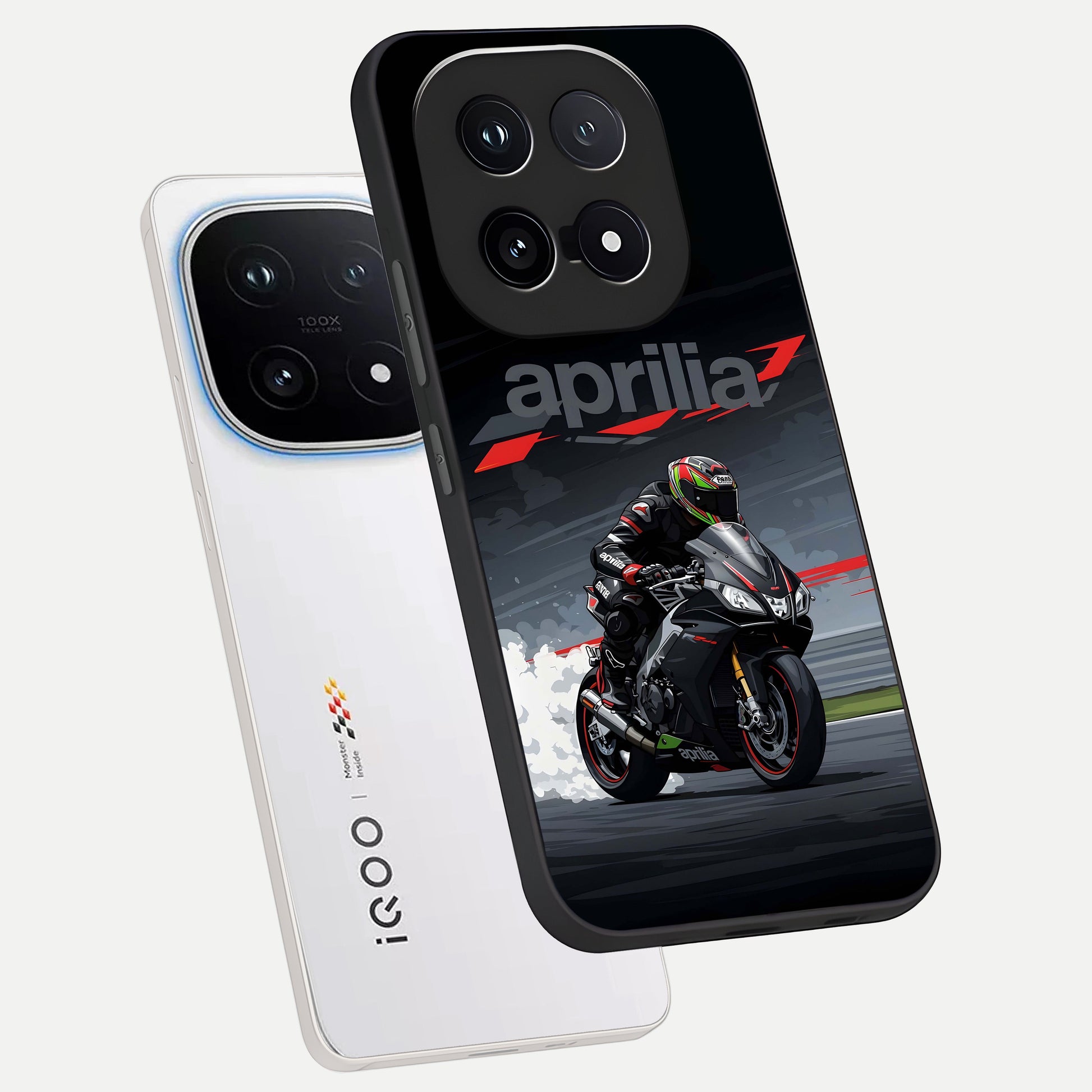  Dark Aprilla phone case for iQOO 15 showing premium glass back cover with detailed artwork