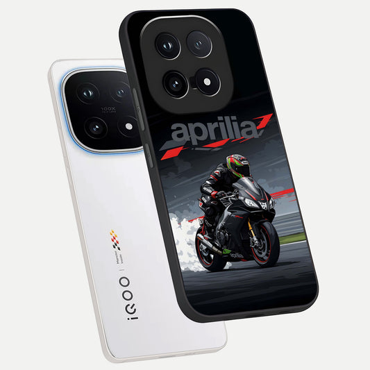  Dark Aprilla phone case for iQOO 15 showing premium glass back cover with detailed artwork