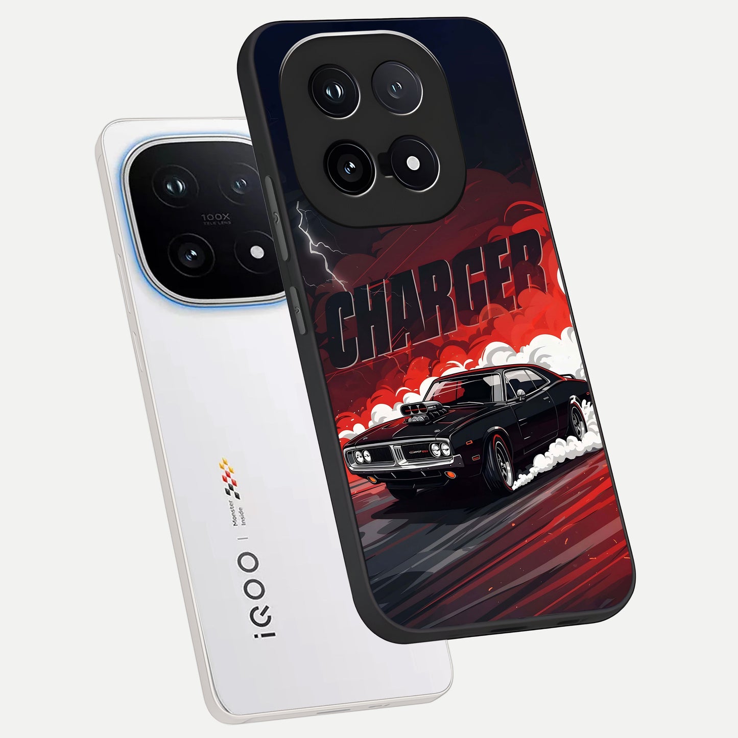 Dark Charger Fury phone case for iQOO 15 showing premium glass back cover with detailed artwork