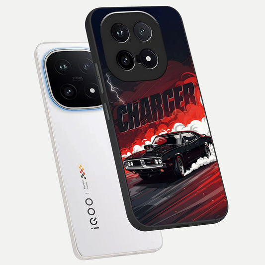 Dark Charger Fury phone case for iQOO 15 showing premium glass back cover with detailed artwork