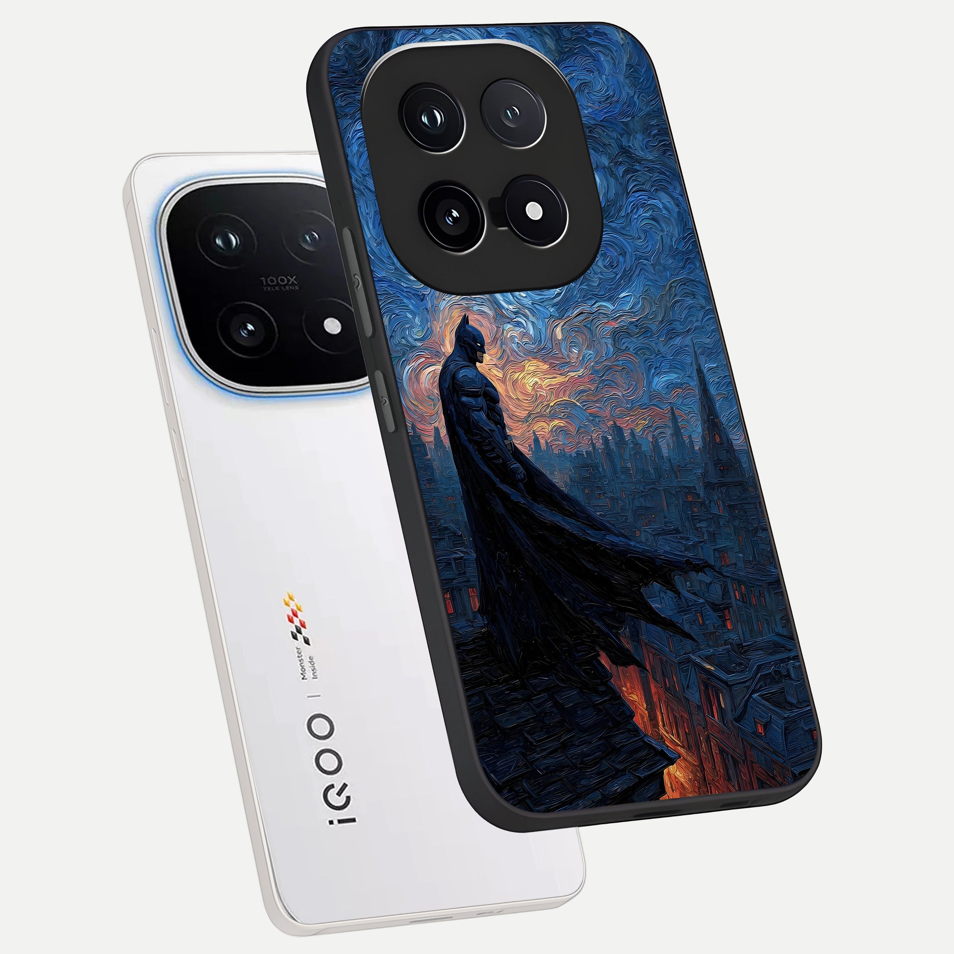  Dark Knight Dusk phone case for iQOO 15 showing premium glass back cover with detailed artwork