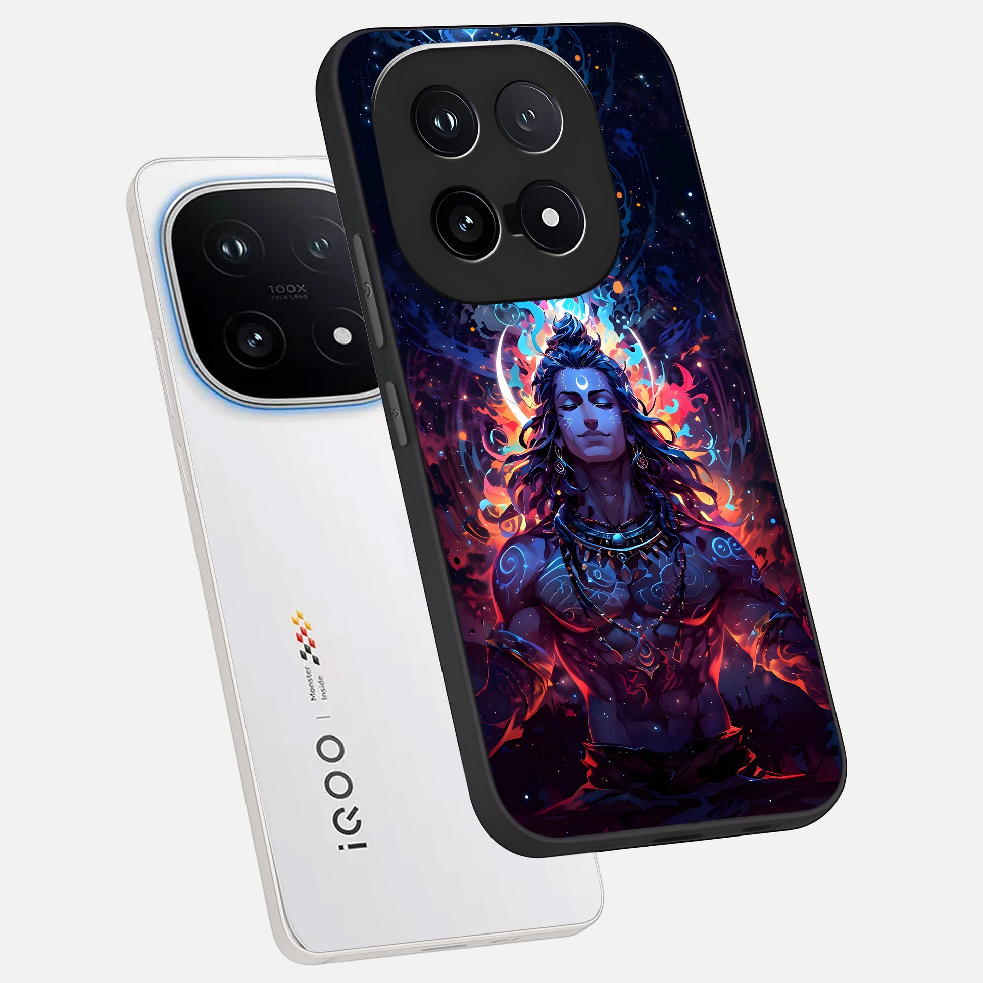  Divine Fire Shiv phone case for iQOO 15 showing premium glass back cover with detailed artwork