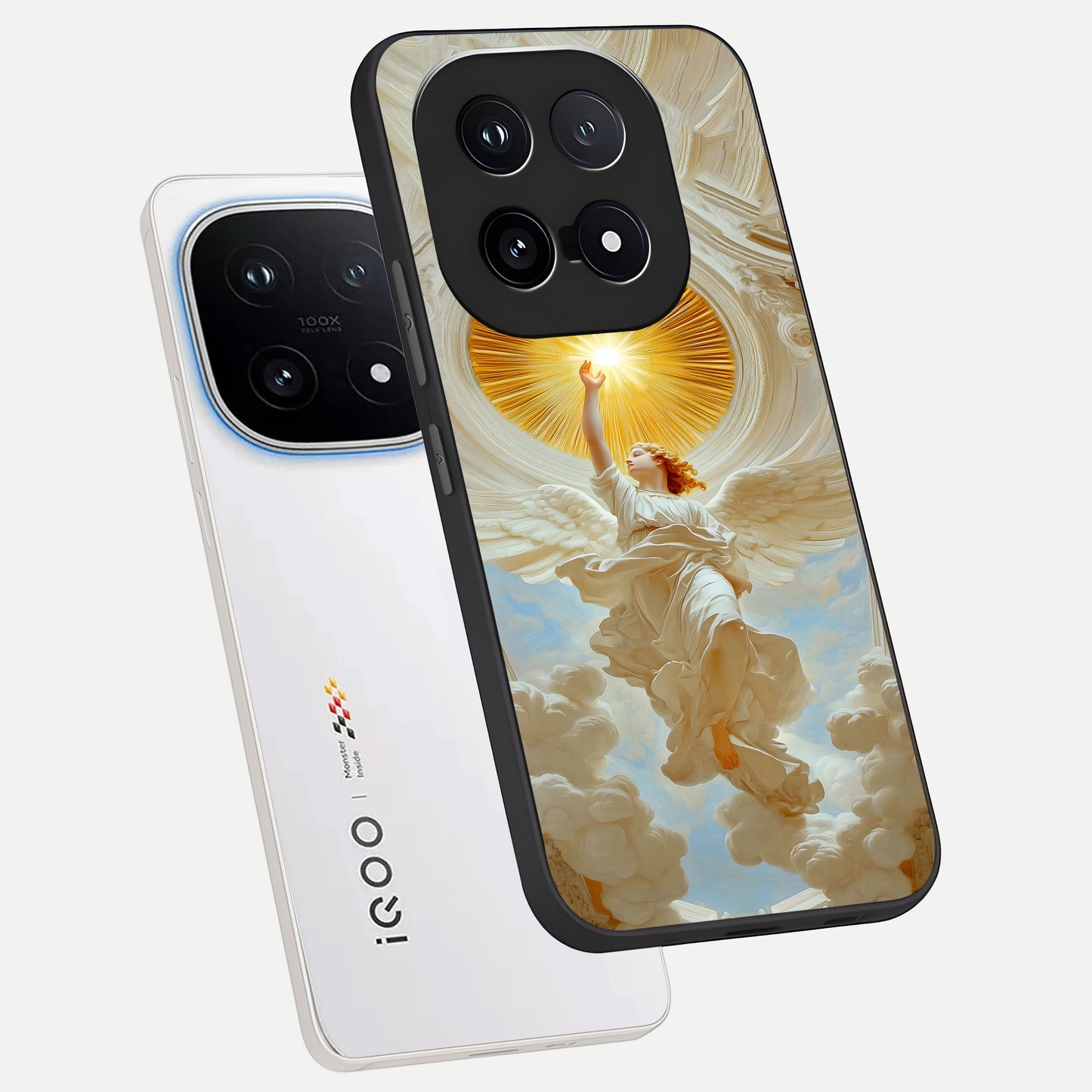  Divine Light Angel phone case for iQOO 15 showing premium glass back cover with detailed artwork