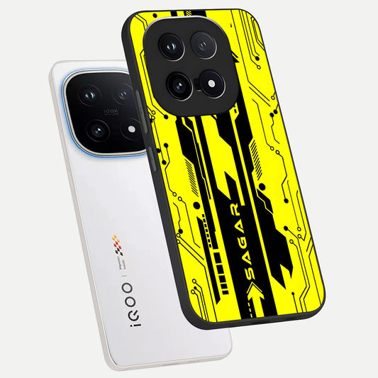 Electric Pulse CYBERPUNK Custom Name phone case for iQOO 15 showing premium glass back cover with detailed artwork