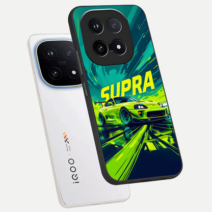  Electric Supra Thunder phone case for iQOO 15 showing premium glass back cover with detailed artwork