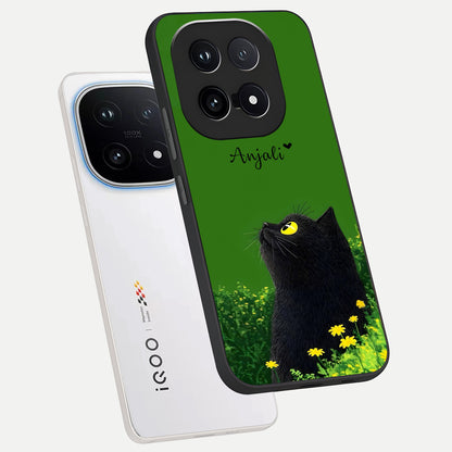  Emerald Cat Custom Name phone case for iQOO 15 showing premium glass back cover with detailed artwork