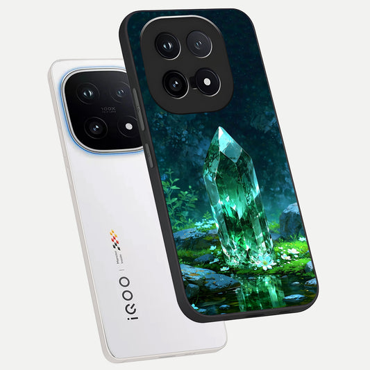  Emerald Light Crystal phone case for iQOO 15 showing premium glass back cover with detailed artwork