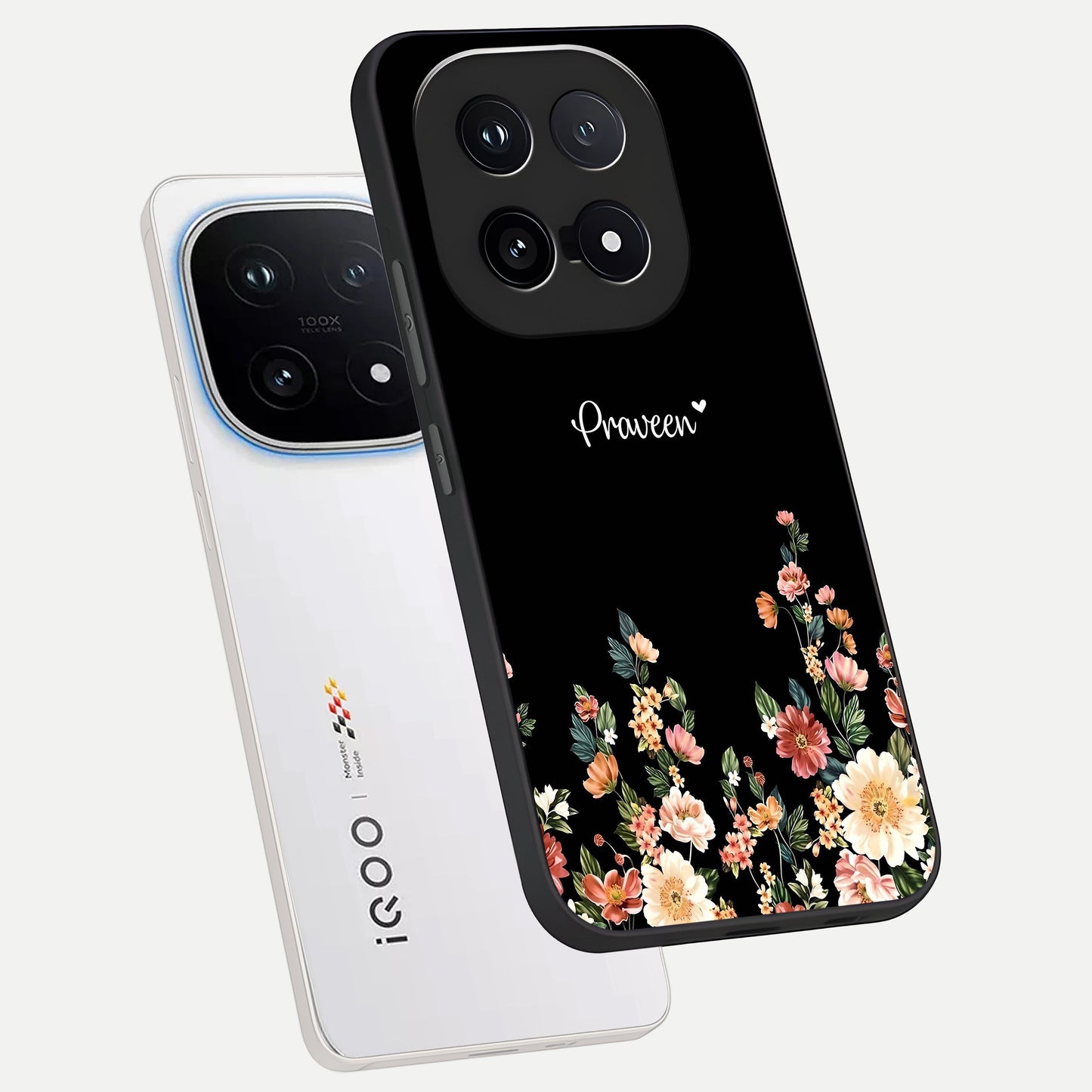  Floral Design Personalized Custom Name phone case for iQOO 15 showing premium glass back cover with detailed artwork
